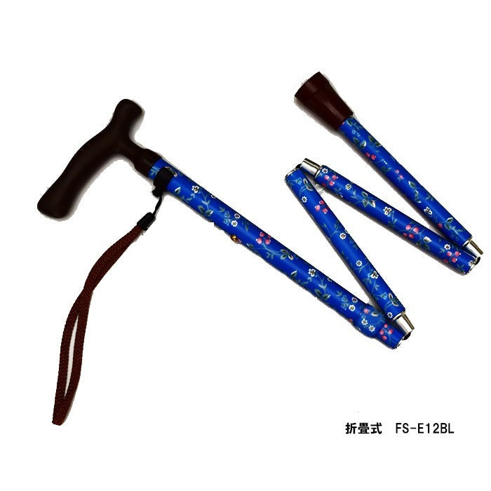 【訳あり特価 ・傷あり】杖 折りたたみ 幅広いエラストマーグリップ ステッキ 青花柄 木目
