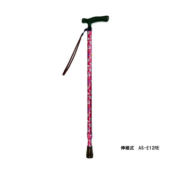 【特別ご提供品】杖 伸縮 幅広いエラストマーグリップ ステッキ 赤花柄 AS-E12RE